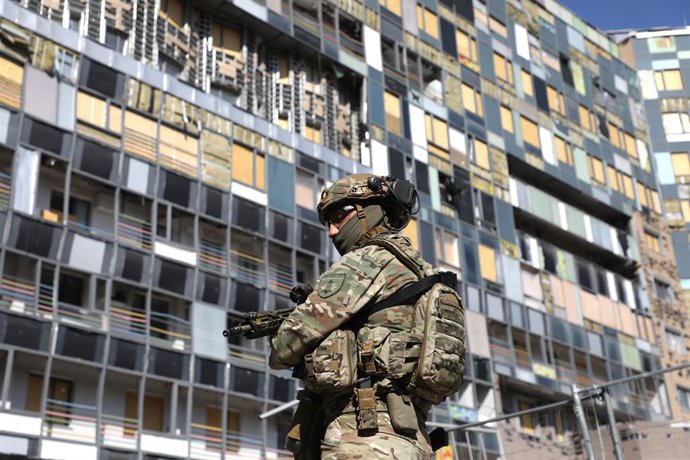 September 10, 2024, Kyiv, Ukraine: KYIV, UKRAINE - SEPTEMBER 10, 2024 - An armed serviceman stands guard at the Ohmatdyt National Specialised Children's Hospital that was damaged by the Russian missile attack on July 8, 2024, Kyiv, capital of Ukraine.