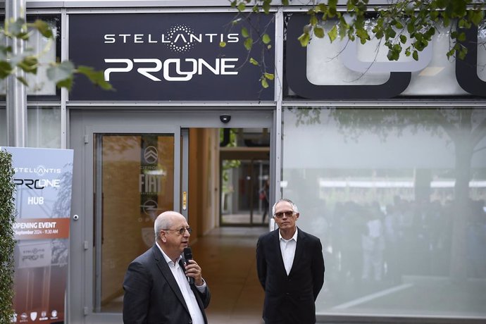 CEO of Stellantis, Carlos Tavares and CEO of Alfa Romeo, Jean Philippe Imparato speech during the Stellantis ProOne Hub Opening 17, 2024.