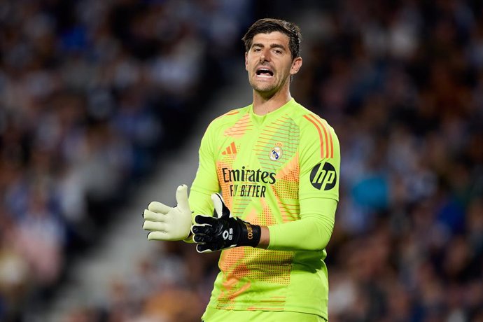 Thibaut Courtois of Real Madrid CF reacts during the LaLiga EA Sports match between Real Sociedad and Real Madrid CF at Reale Arena on September 14, 2024, in San Sebastian, Spain.