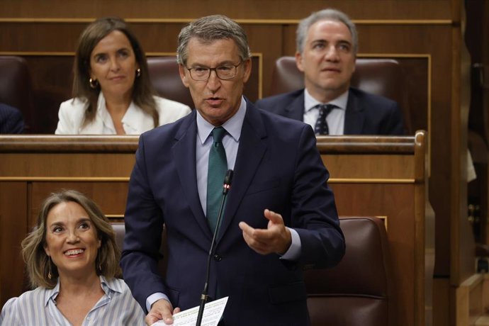 El presidente del PP, Alberto Núñez Feijóo, interviene durante una sesión de control al Gobierno, en el Congreso de los Diputados, a 18 de septiembre de 2024, en Madrid (España). Durante la sesión de control, el PP, Vox y ERC hacen preguntas sobre cómo 