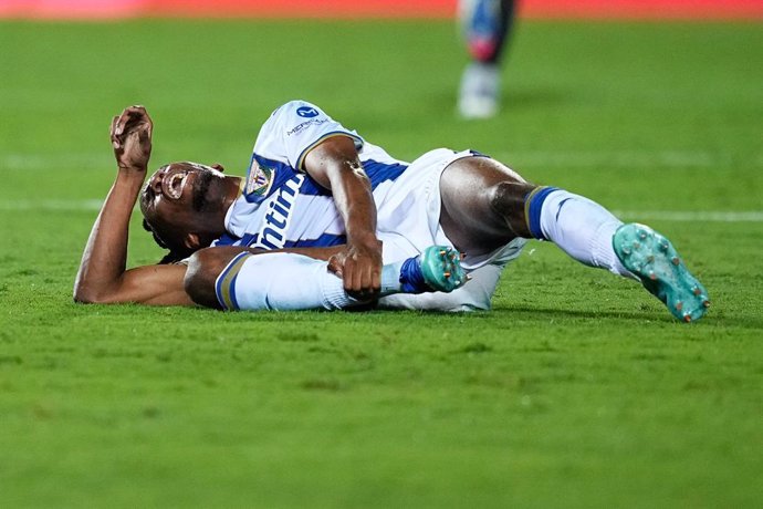 Yvan Neyou of Leganes hurts during the Spanish League, LaLiga EA Sports, football match played between CD Leganes and RCD Mallorca at Butarque stadium on August 31, 2024, in Leganes, Madrid, Spain.