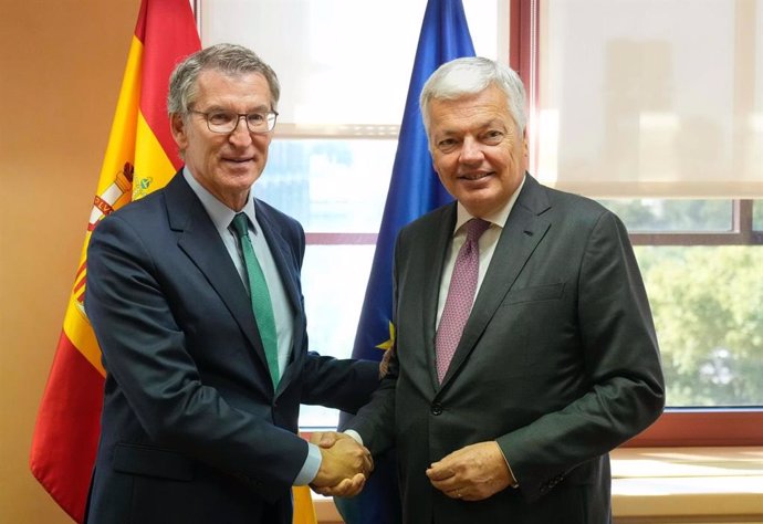 El líder del PP, Alberto Núñez Feijóo, se reúne con el comisario de Justicia, Didier Reynders, en Madrid.