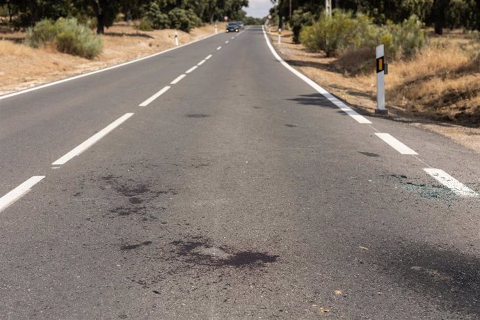 Archivo - Cristales y manchas de sangre en el lugar de los hechos, en el kilómetro 6 de la M-612, en la carretera de Fuencarral-El Pardo, a 4 de junio de 2024, en Madrid (España). El hombre que ha muerto hoy al mediodía en el distrito de Fuencarral es Bor