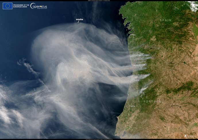 Copernicus elige como imagen del día una imagen de los incendios de Portugal, donde ya han ardido más de 10.000 ha.