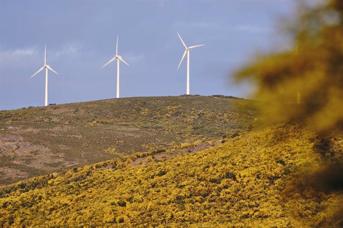 Archivo - Aerogeneradores en el parque eólico de Serra do Larouco, a 31 de mayo de 2023, en Esgos, Ourense, Galicia (España). 