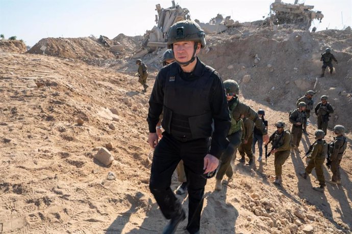 GAZA, Aug. 21, 2024  -- Israeli Defense Minister Yoav Gallant (Front) is seen during a tour of the Philadelphi Corridor, an area that runs along the Gaza-Egypt border, on Aug. 21, 2024. Israeli Defense Minister Yoav Gallant said on Wednesday that Hamas' R