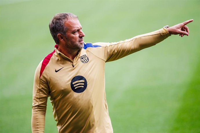 Hansi Flick, head coach of FC Barcelona gestures during the training sessions ahead UEFA Champions League, football match against AC Monaco at Ciudad Esportiva Joan Gamper on September 18, 2024 in Sant Joan Despi, Barcelona, Spain.