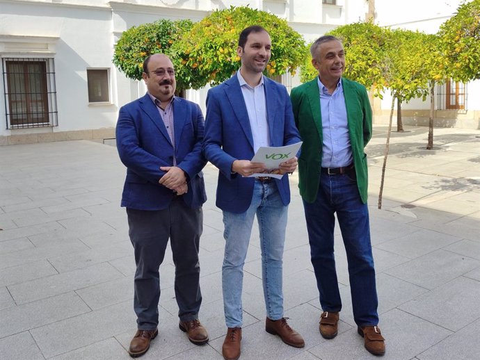 Los diputados de Vox Juan José García, Álvaro Sánchez-Ocaña y Angel Pelayo Gordillo, en el patio exterior de la Asamblea tras registrar las propuestas de impulso.