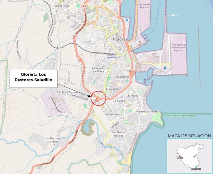 Plano de la zona afectada por el corte de tráfico por obras en el acceso sur al Puerto de Algeciras (Cádiz)