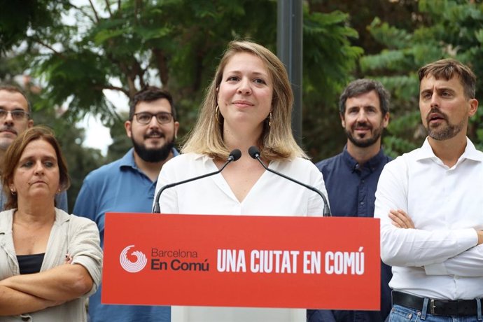 La portavoz de BComú, Janet Sanz, este jueves en rueda de prensa.