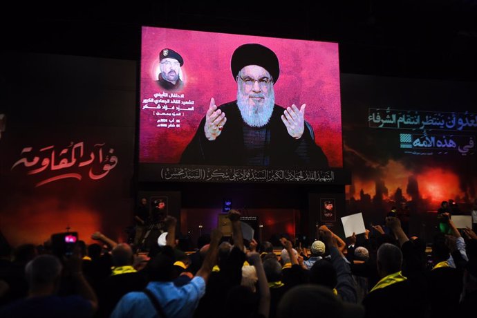 CAIRO, Aug. 8, 2024  -- Hezbollah supporters listen to a televised speech given by Hezbollah Leader Sayyed Hassan Nasrallah during an event  commemorating late military commander Fouad Shokor in Beirut, Lebanon, Aug. 6, 2024.