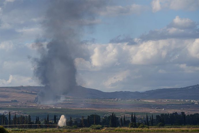 ISRAEL-LEBANON-BORDER, Sept. 16, 2024  -- Smoke rises following an Israeli strike on southern Lebanon, as seen from the Israeli northern border, on Sept. 16, 2024. Israeli Defense Minister Yoav Gallant said Monday that the only way to return tens of thous