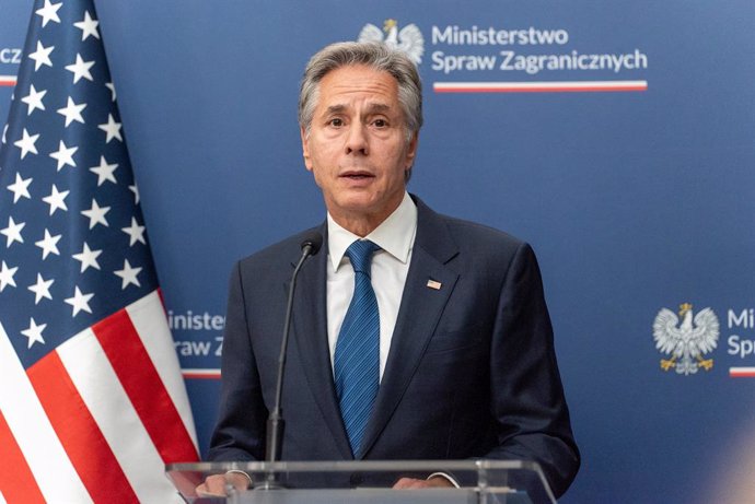 September 12, 2024, Warsaw, Poland: U.S. Secretary of State Antony Blinken speaks during a press conference. Radoslaw Sikorski, Minister of Foreign Affairs of Poland, welcomed U.S. Secretary of State Antony Blinken for a bilateral meeting in the Ministry 