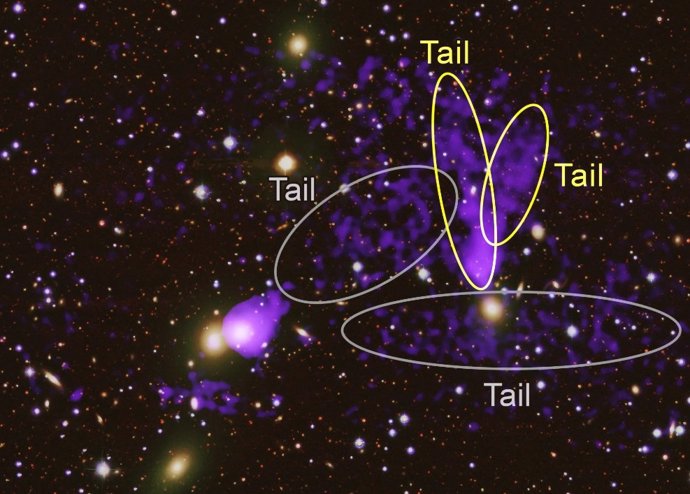 Los investigadores han descubierto un segundo par de colas que se arrastran detrás de una galaxia en este cúmulo. Anteriormente, los astrónomos descubrieron un par de colas más cortas de una galaxia diferente cerca de esta última.