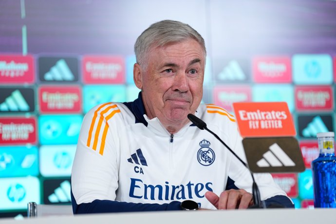 Carlo Ancelotti, head coach of Real Madrid, attends his press conference during the training day of Real Madrid ahead the Spanish League, LaLiga EA Sports, football match against Real Valladolid at Ciudad Deportiva Real Madrid on September 13, 2024, in Va