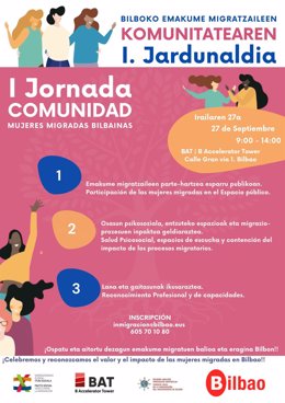 Cartel de la Jornada de la Comunidad de Mujeres Migradas.