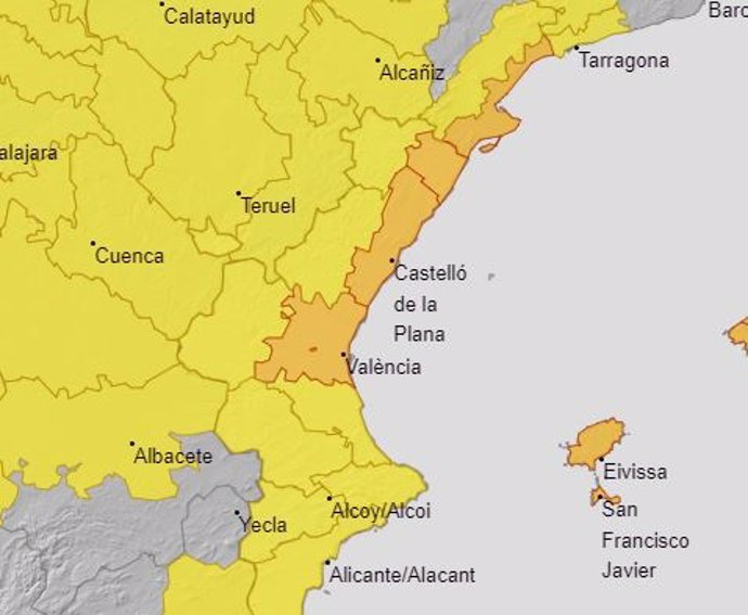 Aemet activa el aviso naranja por lluvias de hasta 150 l/m2 en 12 horas este jueves en litorales de Valencia y Castellón