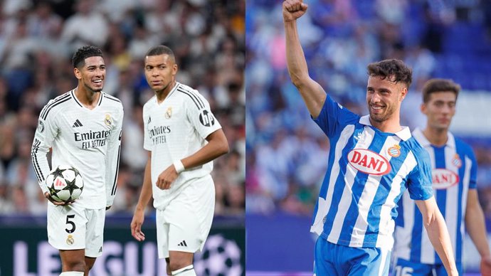 Los jugadores del Real Madrid Jude Bellingham y Kylian Mbappé, y el del Espanyol Javi Puado.