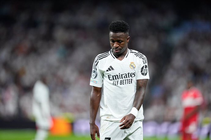 Vinicius Junior of Real Madrid laments during the UEFA Champions League 2024/25 League Phase MD1 match between Real Madrid CF and VfB Stuttgart at Estadio Santiago Bernabeu on September 17, 2024 in Madrid, Spain.