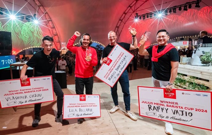 Left to right: Vladimir Chzou - Moldova (Espresso Category Winner), Luca Riccardi - Italy (Cappuccino Category Winner), Mario Benetseder - Austria (Signature Drink Category Winner), Raffy Vajio - UAE (Overall Winner)