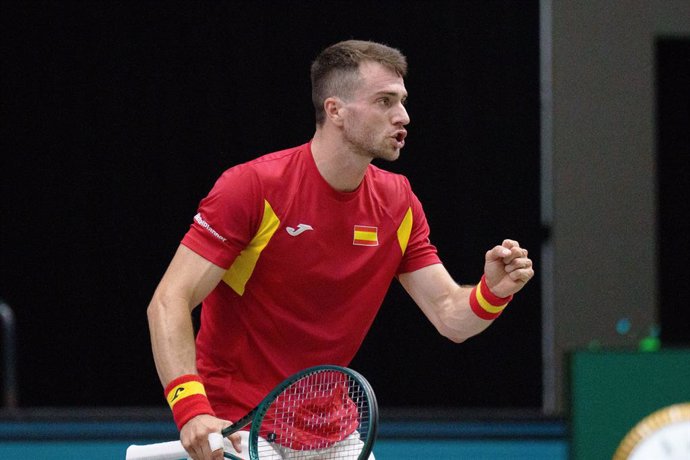 Pedro Martinez Portero of Spain in action against Alexei Popyrin of Australia during the Davis Cup 2024, Group B, tennis match played between Australia and Spain at Fuente de San Luis on September 15, 2024, in Valencia, Spain.