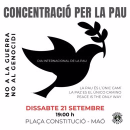 Cartel de la convocatoria de la concentración en Maó por el Día Internacional por la Paz.