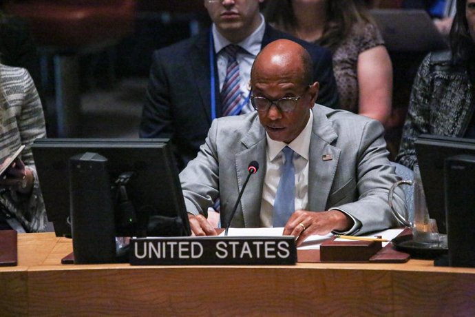 August 28, 2024, New York, New York, USA: Deputy Permanent Ambassador of the US to the UN ROBERT WOOD speaks during a Security Council meeting on the Situation in the Middle East. ..Members of the Security Council Collectively Vote on Mandate of the Unite