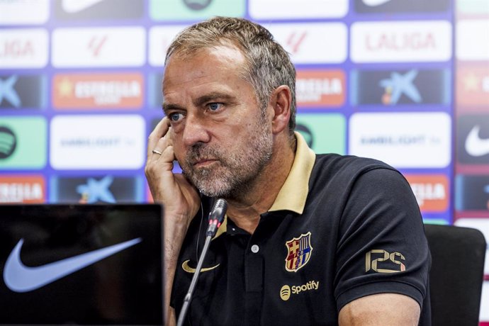 Hansi Flick, head coach of FC Barcelona attends his press conference during the training day of FC Barcelona ahead the Spanish League, La Liga EA Sports, football match against Real Valladolid at Ciudad Esportiva Joan Gamper on August 30, 2024 in Sant Joa