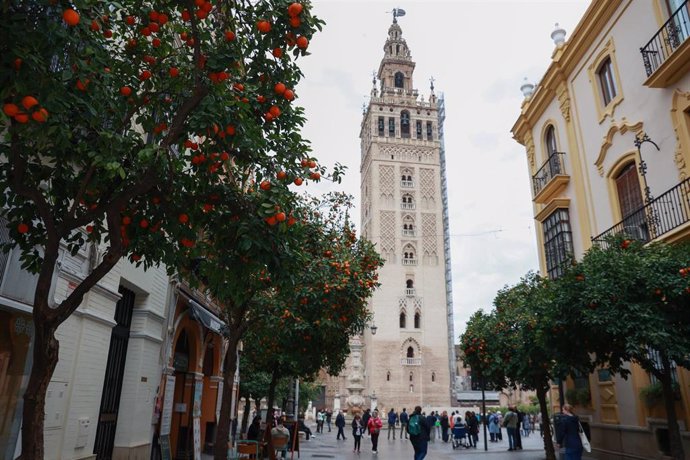 Archivo - Vista de la Giralda desde Mateos Gago, con naranjos alineados a ambos lados de la calle, en foto de archivo.