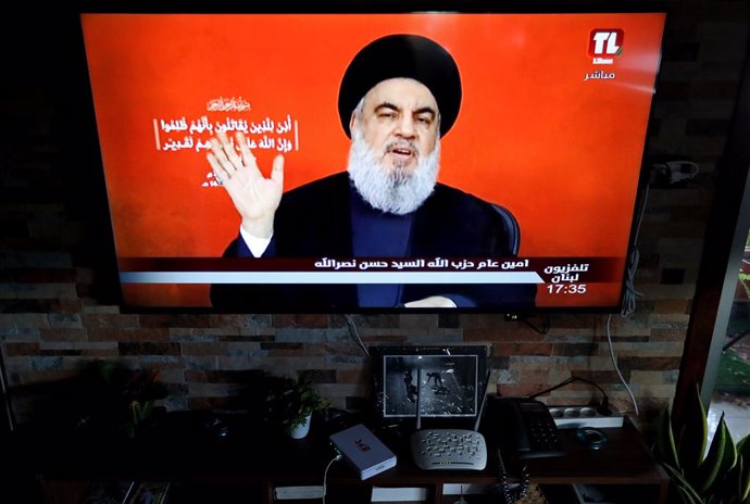 BEIRUT, Sept. 19, 2024  -- Photo taken on Sept. 19, 2024 shows Hezbollah leader Hassan Nasrallah in a televised speech in Beirut, Lebanon. Hezbollah leader Hassan Nasrallah said on Thursday that the explosions in Lebanon on Tuesday and Wednesday, which ta