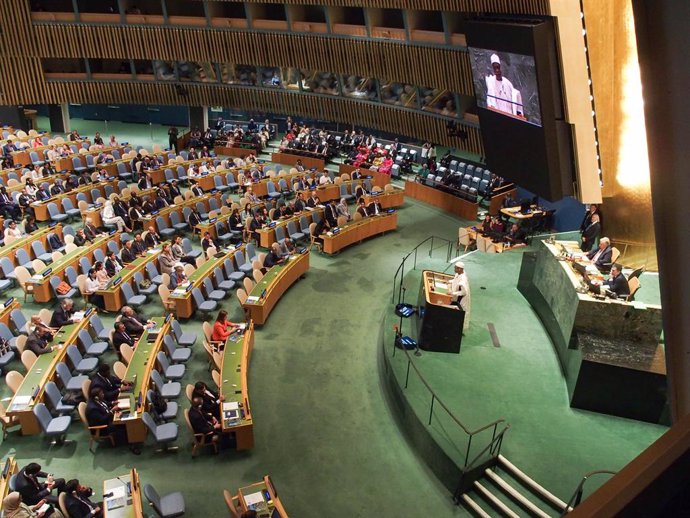 September 10, 2024, New York, New York, USA: Wide angle view of The 79th General Assembly President, PHILEMON YANG of Cameroon speaking to attendees at the first plenary meeting of the 79th UNGA...The official start of UNGA began today which will take pla