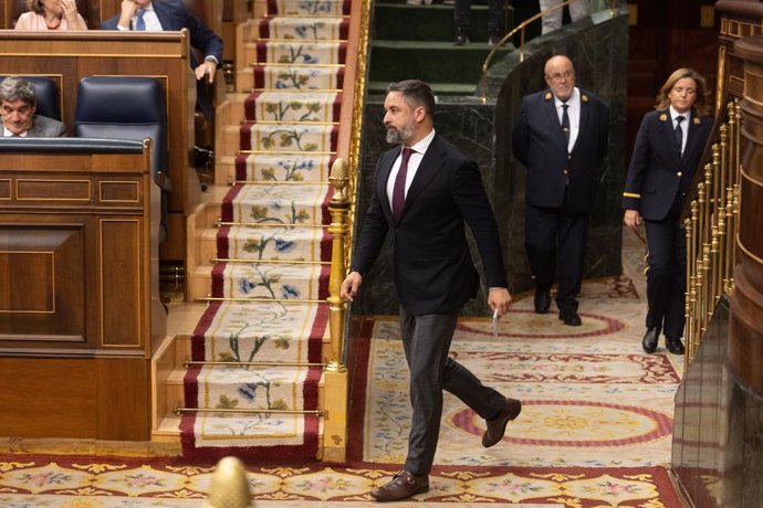 Archivo - El líder de VOX, Santiago Abascal, durante una sesión extraordinaria en el Congreso de los Diputados, a 17 de julio de 2024, en Madrid (España). Pedro Sánchez presenta hoy las líneas fundamentales del Plan de Acción por la Democracia, también ll