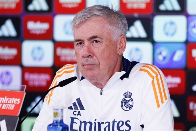 Carlo Ancelotti, head coach of Real Madrid, gives a press conference during the training day of Real Madrid ahead the Spanish League, LaLiga EA Sports, football match against Deportivo Alaves at Ciudad Deportiva Real Madrid on September 23, 2024, in Valde