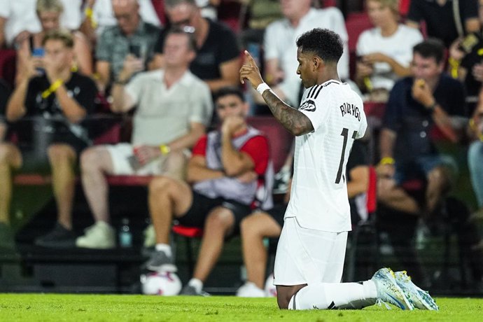 Archivo - Rodrygo Goes of Real Madrid celebrates a goal during the Spanish league, La Liga EA Sports, football match played between RCD Mallorca and Real Madrid at Son Moix stadium on August 18, 2024, in Mallorca, Spain.