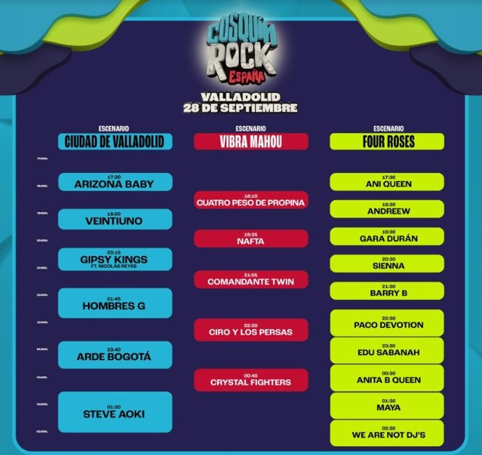 Horarios del festival Cosquín Rock, que se celebra el 28 de septiembre.