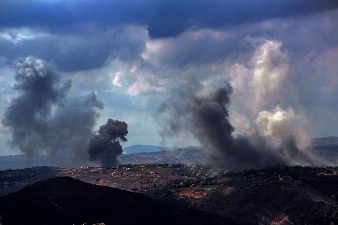 September 23, 2024, Qliyaa, Qlyiaa, Lebanon: Smoke from heavy Israeli air raids billows from the southern Lebanese village of Taibeh. Powerful air attacks were launched across much of southern Lebanon. Lebanese Health Ministry said 182 people were killed 