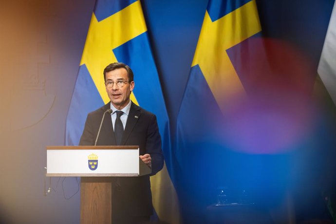 Archivo - 23 February 2024, Hungary, Budapest: Swedish Prime Minister Ulf Kristersson speaks during a press conference with Hungarian Prime Minister Viktor Orban (not in picture) in Budapest. Shortly before Hungary's expected approval of Sweden's accessio