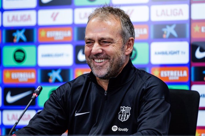 Hansi Flick, head coach of FC Barcelona attends his press conference during the training day of FC Barcelona ahead the Spanish League, La Liga EA Sports, football match against Villarreal CF at Ciudad Esportiva Joan Gamper on September 21, 2024 in Sant Jo