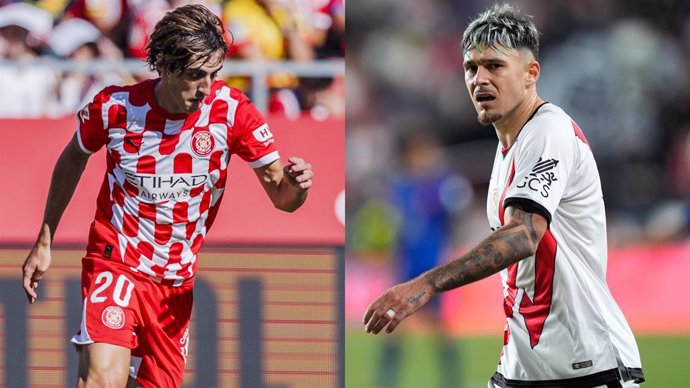 El jugador del Girona Bryan Gil, y el del Rayo Vallecano Andrei Ratiu.