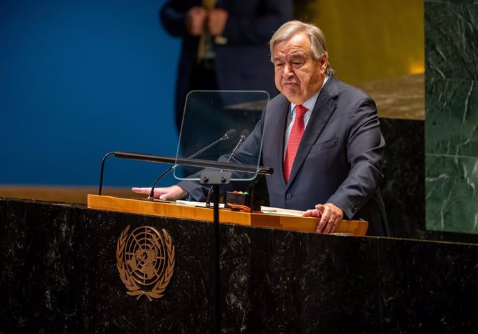 24 September 2024, US, New York: Antonio Guterres, Secretary-General of the United Nations (UN), speaks at the opening of the 79th General Debate of the UN General Assembly. Photo: Michael Kappeler/dpa