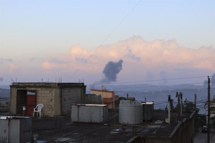 MARJEYOUN, Sept. 23, 2024  -- This photo taken on Sept. 23, 2024 shows the smoke caused by Israeli airstrikes in Marjeyoun, Lebanon, Sept. 23, 2024. Israeli warplanes carried out over 120 airstrikes on Monday morning on sites of Hezbollah and in southern 