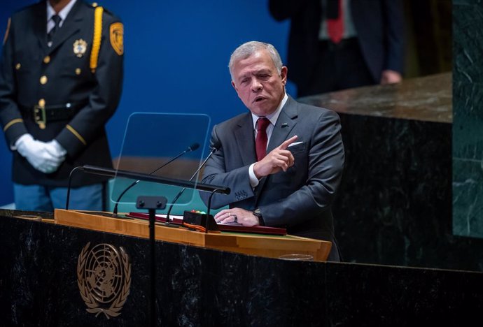 24 September 2024, US, New York: King Abdallah II of Jordan delivers a speech at the opening of the 79th General Debate of the UN General Assembly. Photo: Michael Kappeler/dpa