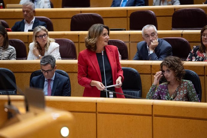 La vicepresidenta tercera y ministra para la Transición Ecológica, Teresa Ribera, durante una sesión de control de Gobierno en el Senado, a 24 de septiembre de 2024, en Madrid (España). 