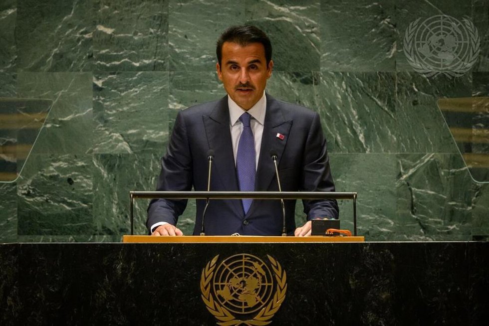 El emir de Qatar, Tamim bin Hamad al Thani, durante su intervención en la 79 Asamblea General de Naciones Unidas