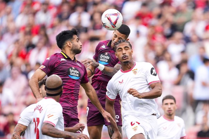 Loic Bade of Sevilla FC and Marcos Andre of Real Valladolid in action during the Spanish league, La Liga EA Sports, football match played between Sevilla FC and Real Valladolid at Ramon Sanchez-Pizjuan stadium on September 24, 2024, in Sevilla, Spain.