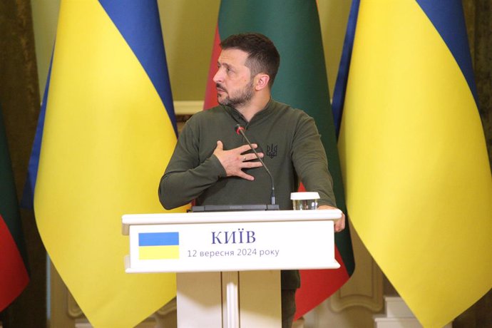 September 12, 2024, Kyiv, Ukraine: KYIV, UKRAINE - SEPTEMBER 12, 2024 - President of Ukraine Volodymyr Zelenskyy is seen during a joint press conference with President of Lithuania Gitanas Nauseda, Kyiv, capital of Ukraine,Image: 907024352, License: Right