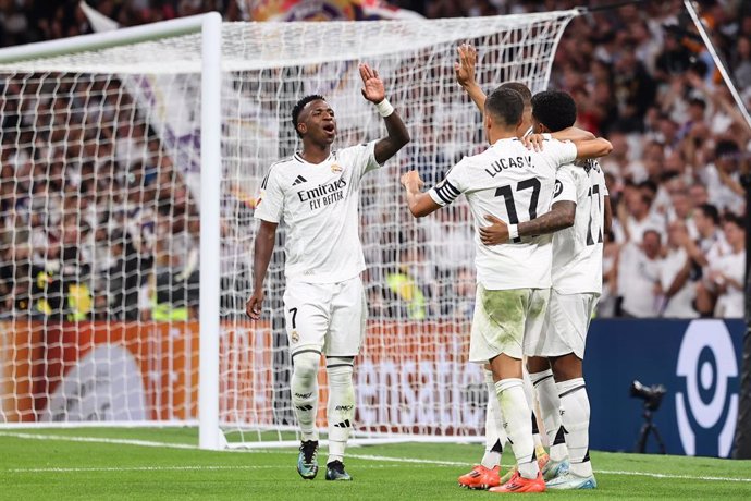 Rodrygo Goes of Real Madrid celebrates a goal with teammates during the Spanish League, LaLiga EA Sports, football match played between Real Madrid and Deportivo Alaves at Santiago Bernabeu stadium on September 24, 2024, in Madrid, Spain.