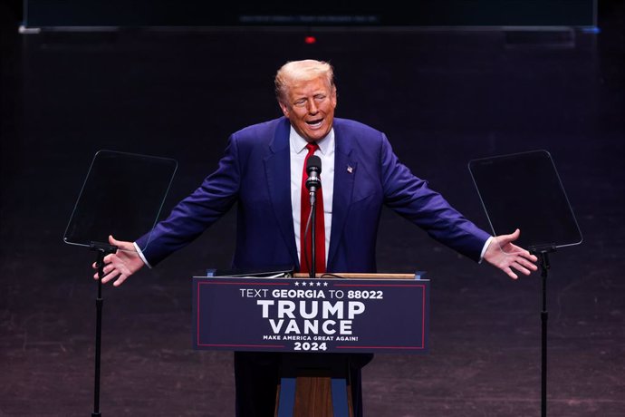 September 24, 2024, Savannah, Georgia, USA: Former president and Republican presidential nominee DONALD TRUMP gives a speech at a campaign rally at Savannah Civic Center.