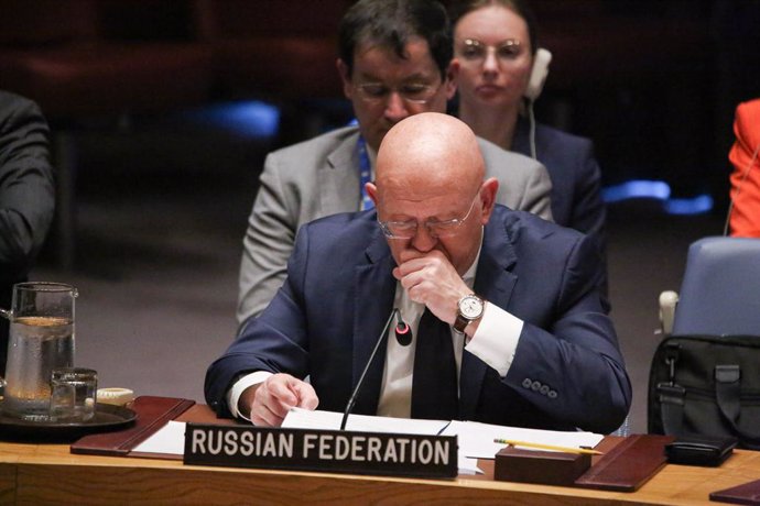 September 10, 2024, New York, New York, USA: VASILY NEBENZYA Permanent Ambassador of the Russian Federation coughs in hand during a Security Council meeting on the situation in Ukraine. NEBENZYA claimed the news and accusations are not fully accurate and 