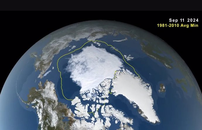 Esta imagen, tomada de una visualización de datos, muestra la extensión mínima del hielo marino del Ártico el 11 de septiembre de 2024. El límite amarillo muestra la extensión mínima promediada durante el período de 30 años de 1981 a 2010.